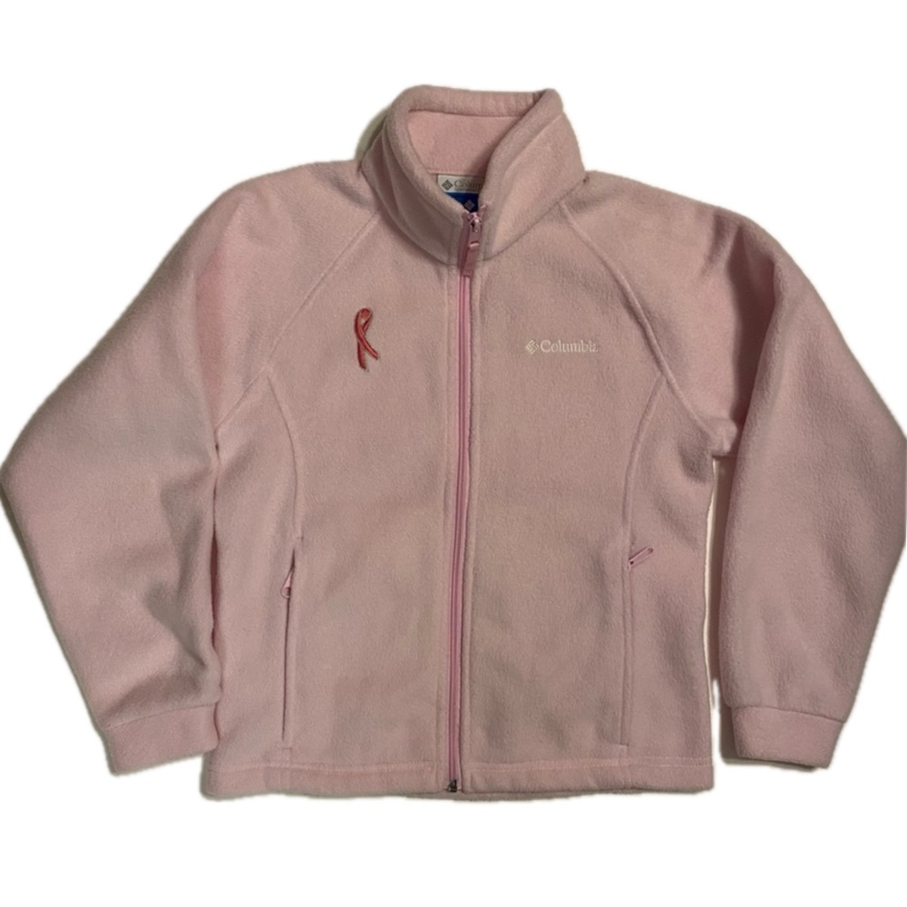 Girls 10/12 Columbia Fleece Zip Up Jacket with Breast Cancer Ribbon Embroidery